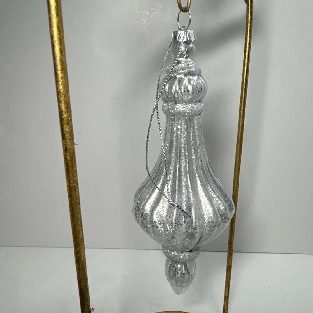 Set (2)‎ Silver and glittered mercury glass blown finial shaped ornaments 6 in